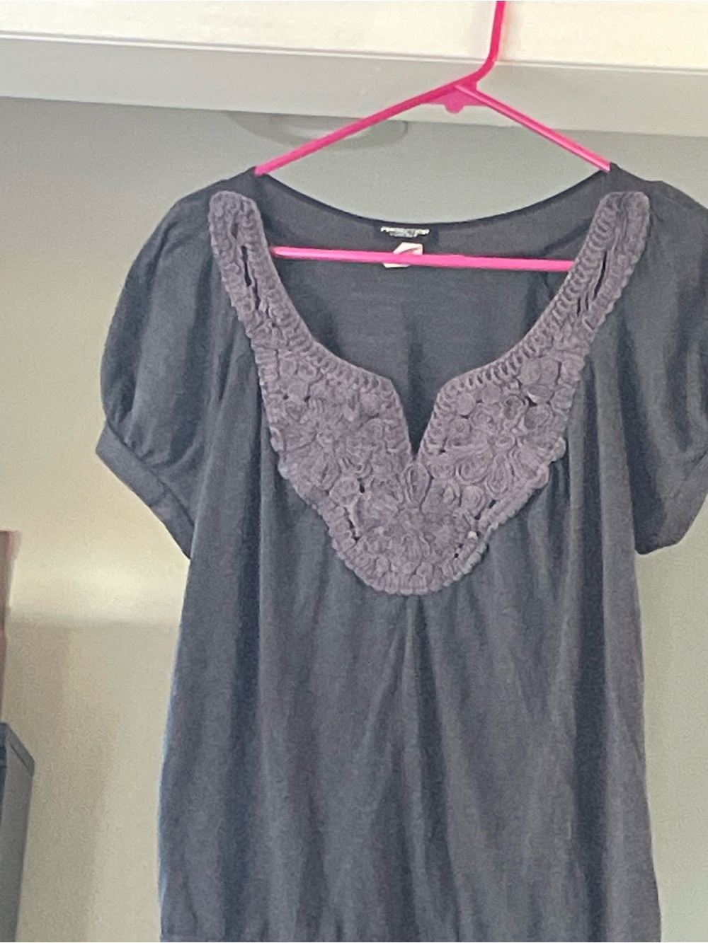 PerSeption Concept Women's Grannycore Lace-Trim Charcoal Grey Short-Sleeve Tee M